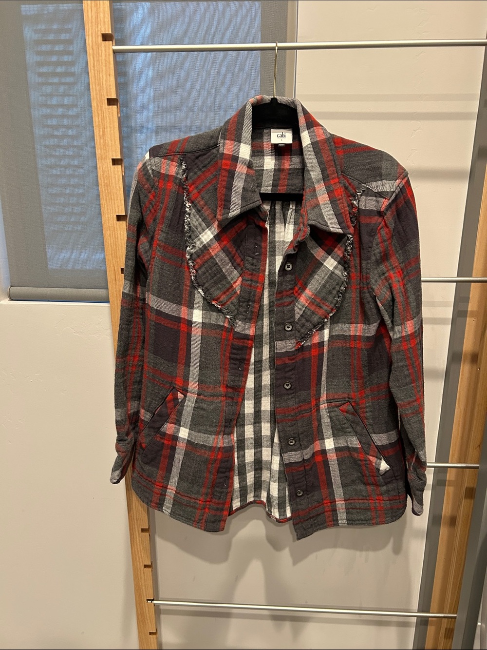 CAbi Red, Gray and White Plaid Shirt Jacket
